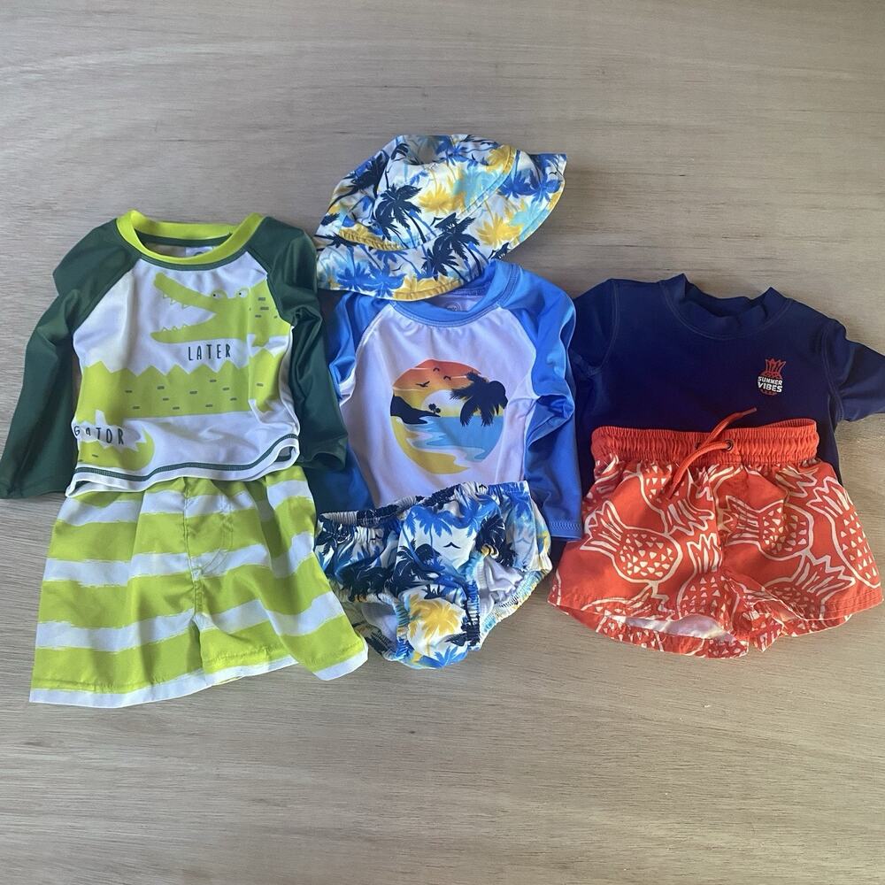 Lot of 3 Infant Boy Swimsuit Sets with Rash Guard Tops & One Bucket Hat 6-9 Mo